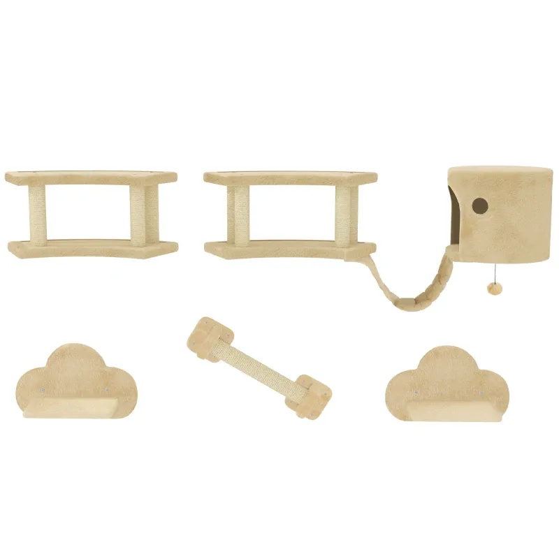 5-teiliges Katzen-Kletterset – Kratzpfosten, Sprungplattformen, Leiter, Haus, Beige