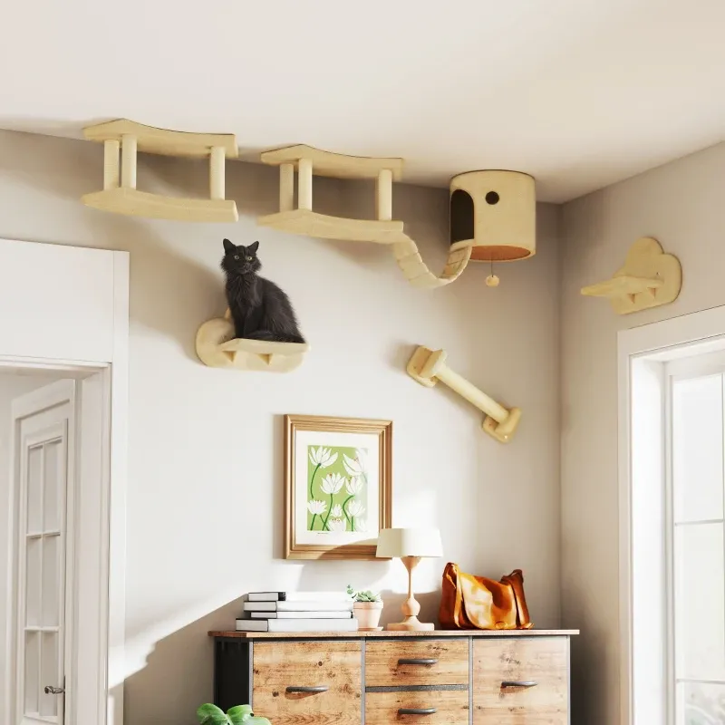 5-teiliges Katzen-Kletterset – Kratzpfosten, Sprungplattformen, Leiter, Haus, Beige