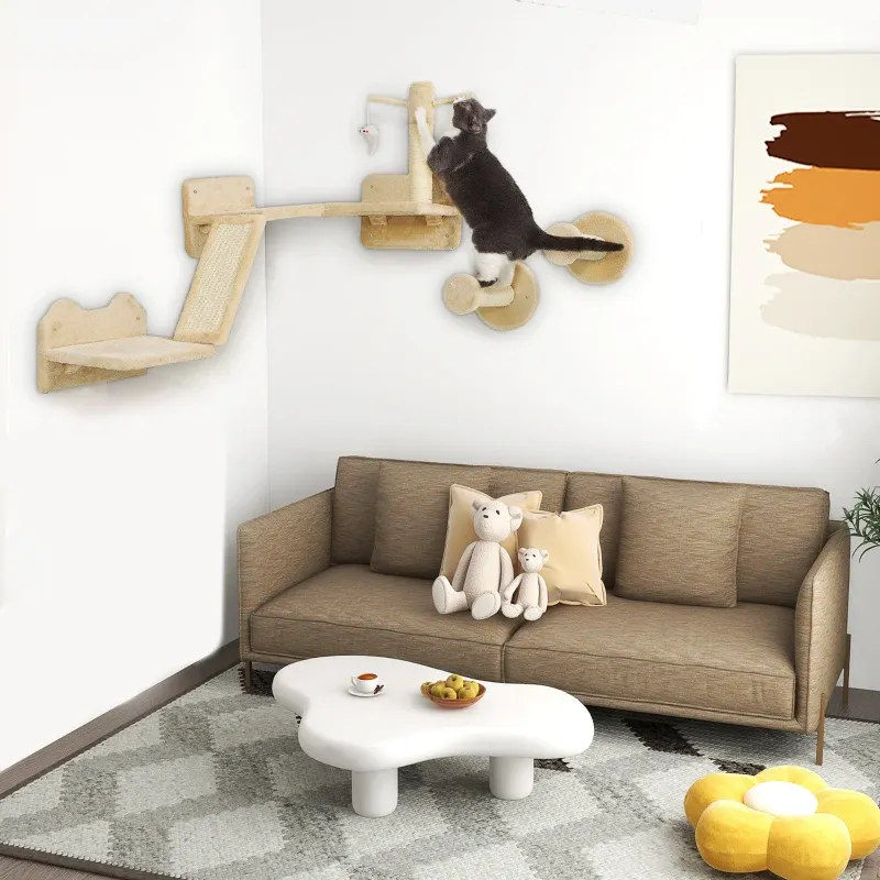 Katzen Kletterwand Set – Kratzpfosten, Sprungplattformen, Spielbälle, Beige