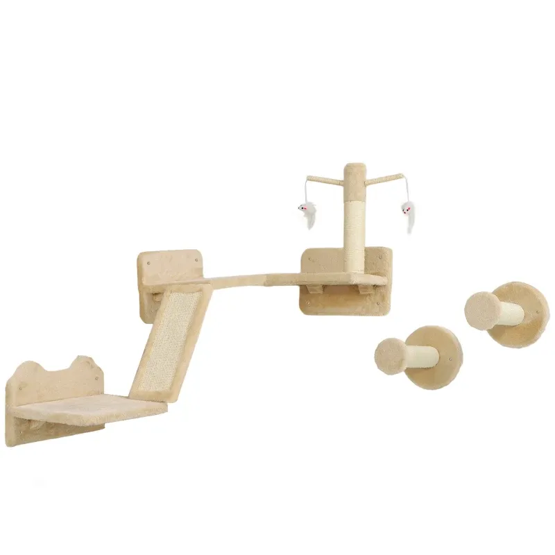 Katzen Kletterwand Set – Kratzpfosten, Sprungplattformen, Spielbälle, Beige