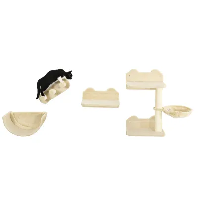 Kletterwand-Set Katzen 4-teilig – Katzentreppe, Hängematte, Plattform, Kratzbaum, Beige