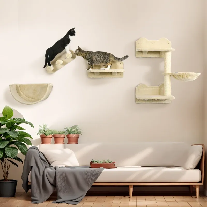 Kletterwand-Set Katzen 4-teilig – Katzentreppe, Hängematte, Plattform, Kratzbaum, Beige