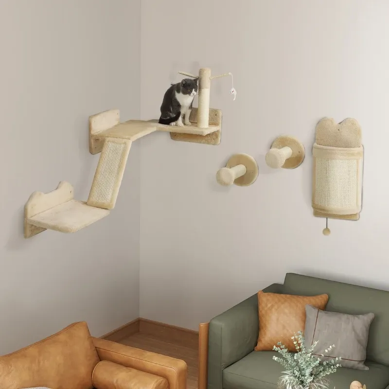 Katzen-Wandregale – Wandmöbelset, 4-teilig, Teasern, Spielzeugball, Beig