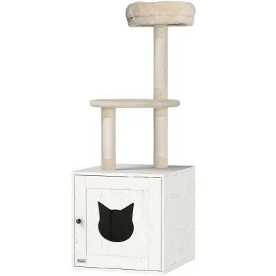 Katzenbaum Katzentoilette – 2-in-1 Spielzeugturm, Kratzpfosten, Creme