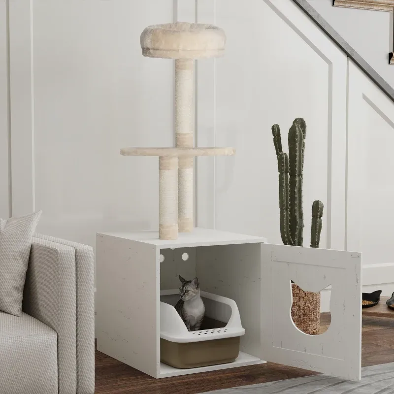 Katzenbaum Katzentoilette – 2-in-1 Spielzeugturm, Kratzpfosten, Creme