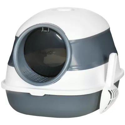 Katzentoilette – Streuschaufel, Bodengitter, abnehmbarer Deckel, Weiss/Grau