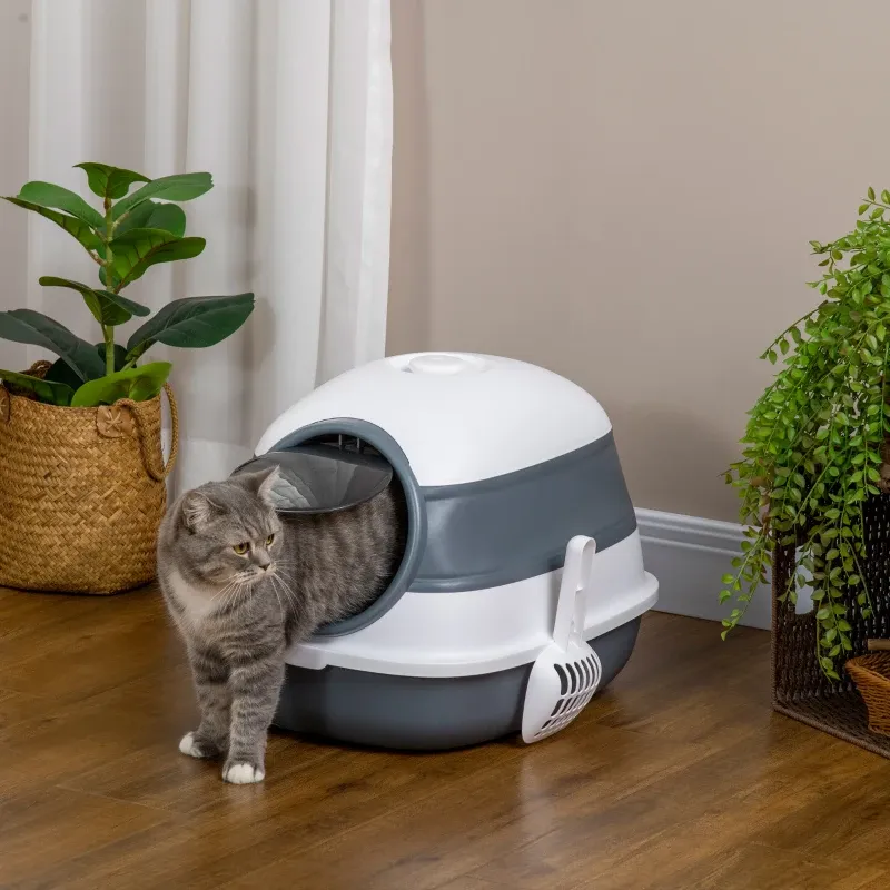Katzentoilette – Streuschaufel, Bodengitter, abnehmbarer Deckel, Weiss/Grau