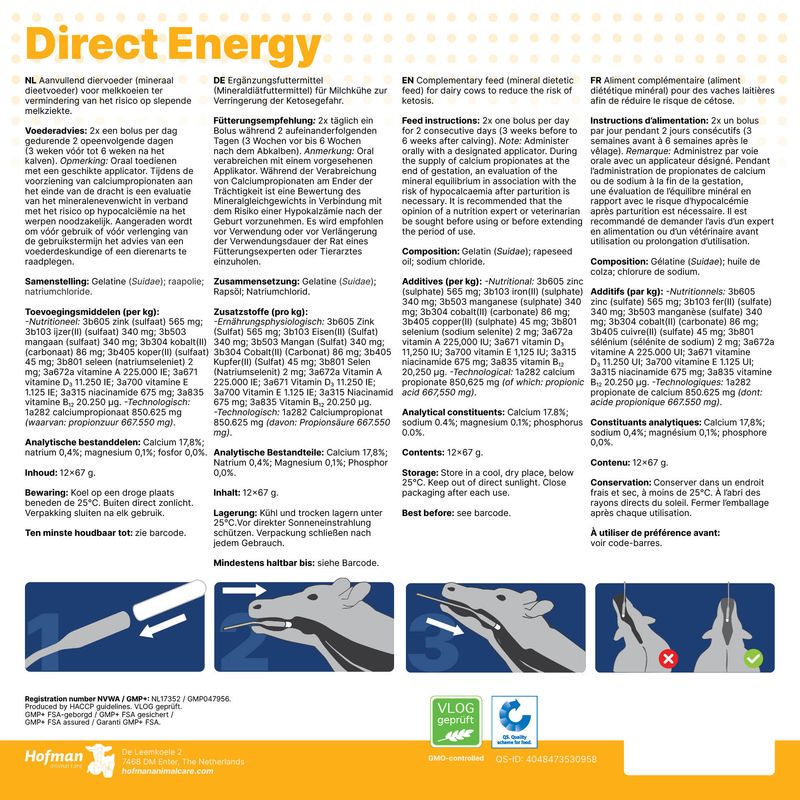 Direct Energy – 12 x 67 g – Energiebolus für Milchkühe – Reduziert Ketosegefahr