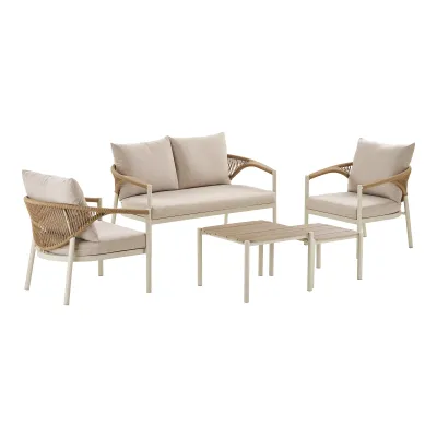 Abela Lounge-Set Sand/Natur | Aluminium, Holzfrei, Sessel, Sofa Abela Lounge-Set: 2 Sessel, 1 Sofa, 2 Couchtische, Sand/Natur, inkl. Kissen. Für Schweizer Gärten.