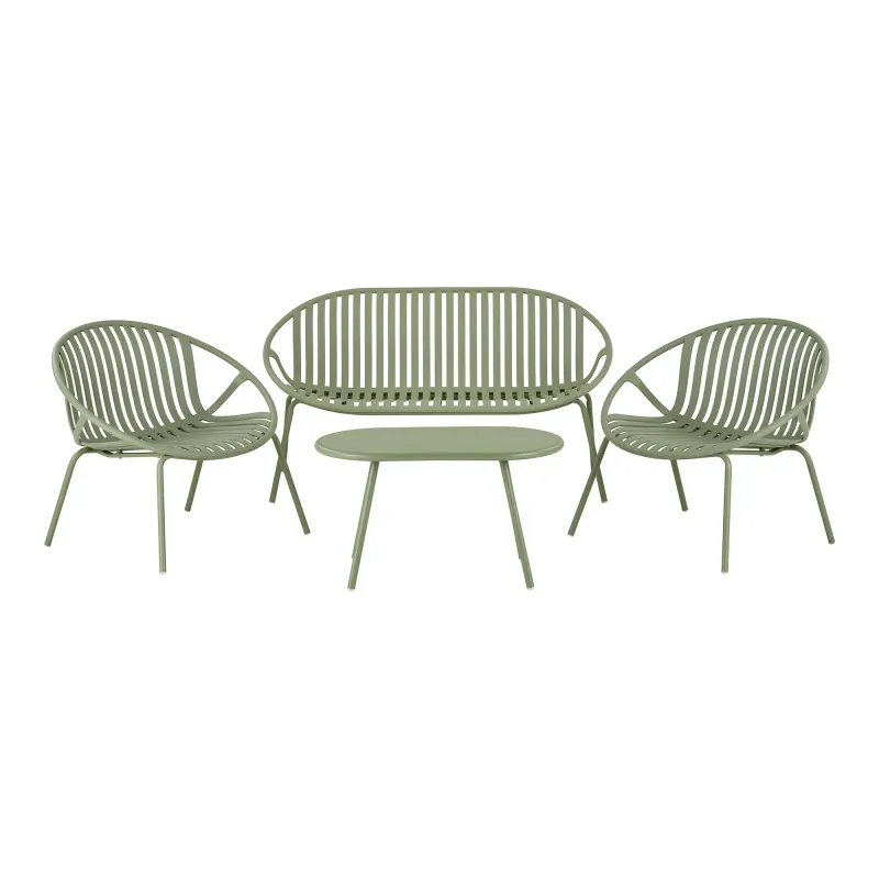 Saly Lounge-Set Grün | Polypropylen/Stahl, Sessel, Sofa, Couchtisch Saly Lounge-Set: 2 Sessel, 1 Sofa, Couchtisch, Grün, Polypropylen/Stahl. Modern für Schweizer Gärten.
