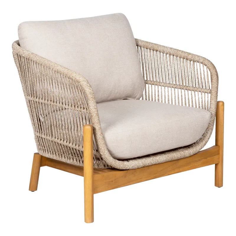 Terracina Lounge-Sessel Braun/Beige | Akazie, inkl. Kissen, FSC® Terracina Lounge-Sessel, Akazie/Seil, Beige, inkl. Kissen. Komfortabel für Schweizer Aussenbereiche.