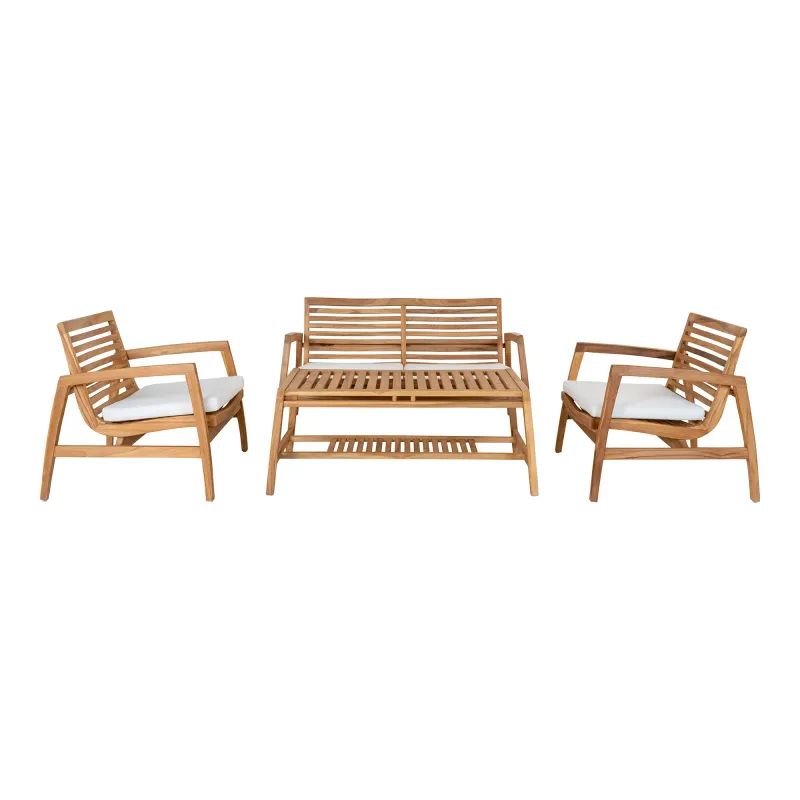 Santander Lounge-Set Natur | Teakholz, inkl. Kissen, 2 Stühle, Bank, Tisch Santander Lounge-Set: 2 Stühle, 1 Tisch, 1 Bank, Teakholz, Natur, inkl. Kissen. Luxus für Schweizer Gärten.