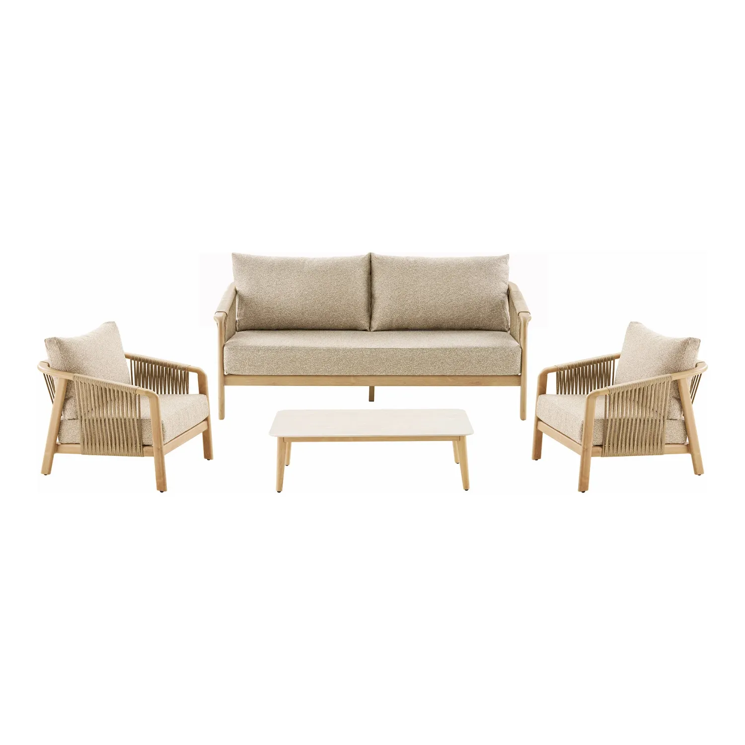 Fargo Lounge-Set Taupe/Holzoptik | Aluminium, inkl. Kissen Fargo Lounge-Set: 2 Sessel, 1 Sofa, Couchtisch, Taupe/Holzoptik, inkl. Kissen. Luxus für Schweizer Gärten