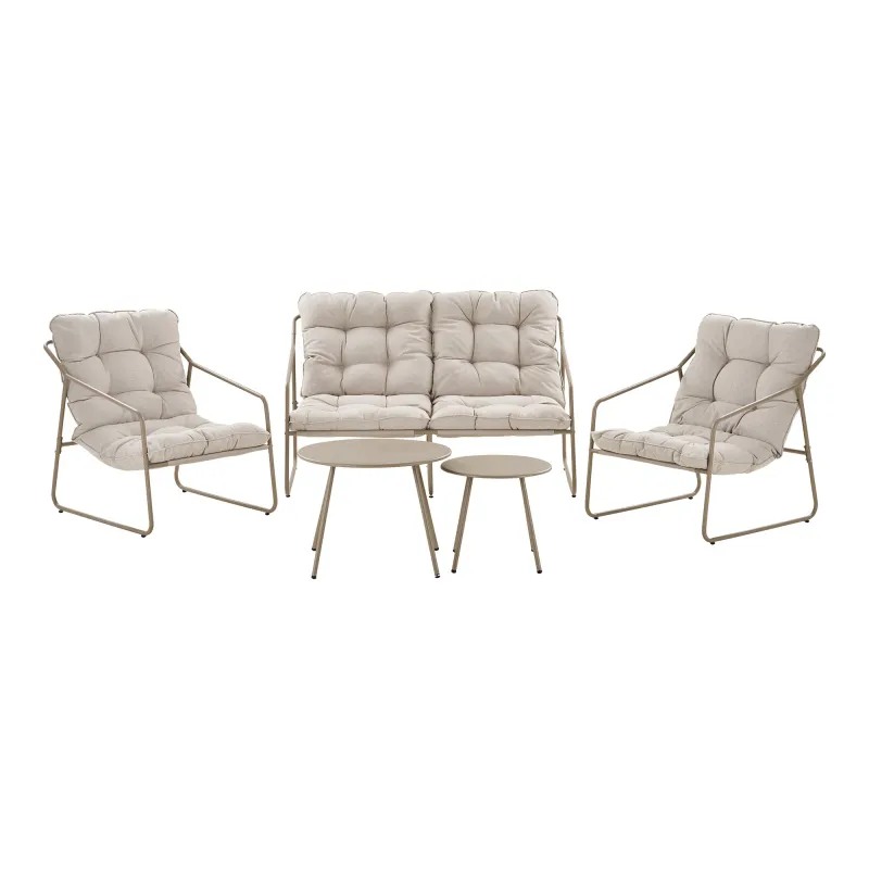 Nilo Lounge-Set Sand | Stahl, inkl. Kissen, Sessel, Sofa, Couchtische Nilo Lounge-Set: 2 Sessel, 1 Sofa, 2 Couchtische, Sand, inkl. Kissen. Komfortabel für Schweizer Gärten.