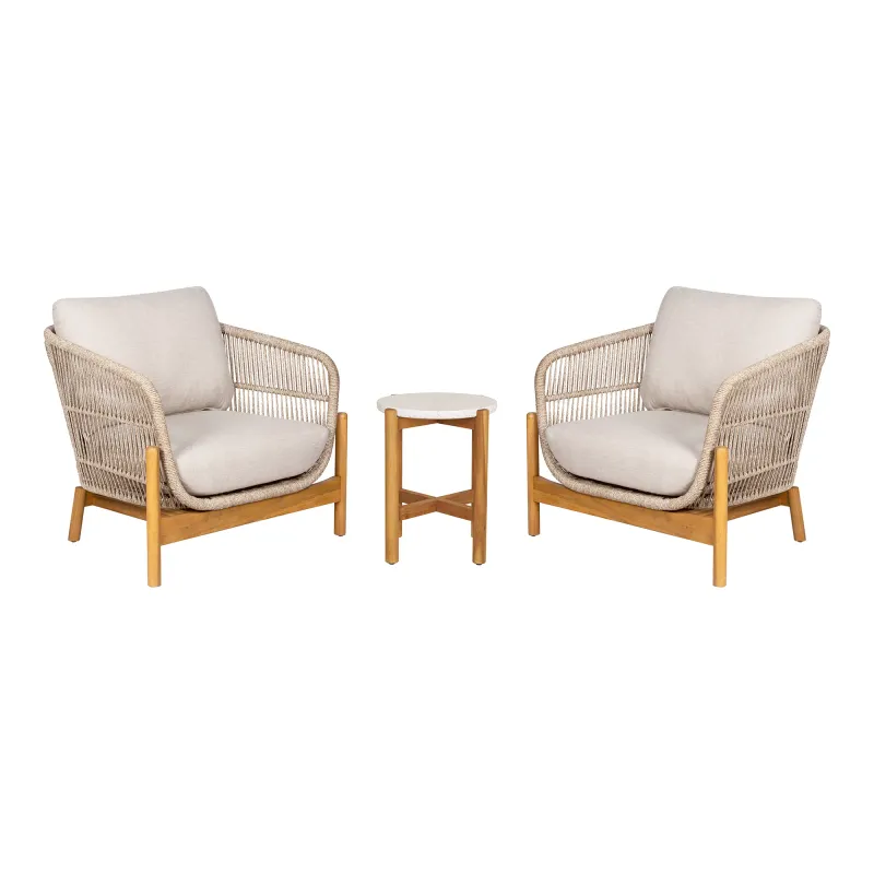 Terracina Gartenset Braun/Beige | Beistelltisch & 2 Liegestühle, Akazie, FSC® Terracina Gartenset: Beistelltisch, 2 Liegestühle, Akazie/Seil, Braun/Beige. Luxus für Schweizer Gärten.