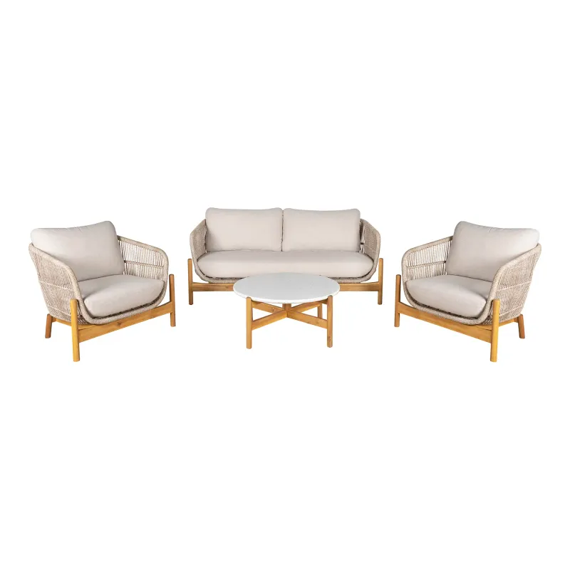 Terracina Lounge-Set Braun/Beige | Akazie, inkl. Kissen, Terrazzo, FSC® Terracina Lounge-Set: 2 Sessel, 1 Sofa, Couchtisch, Akazie/Seil, Beige, inkl. Kissen. Luxus für Schweizer Gärten