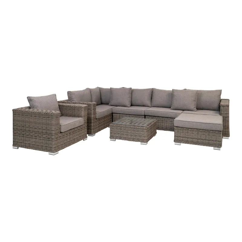 Calvi Lounge-Set Kubugrau | Polyrattan, inkl. Kissen, Glasplatte Calvi Ecklounge-Set: Eckmodul, Sessel, armlose Module, Hocker, Tisch, Kubugrau, inkl. Kissen. Luxus für Schweizer Gärten.
