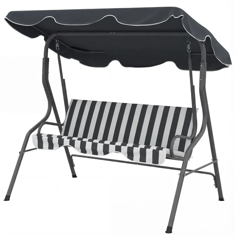 Hollywoodschaukel 3 Personen, wasserabweisendes Dach, verstellbare Neigung, grau, weiss gestreift