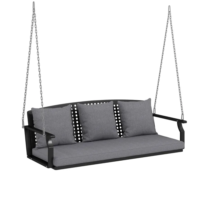 3-Sitzer Veranda-Schaukel, Gartenschaukelbank, 3 Rückenkissen, Sitzkissen, Hängevorrichtung, Grau