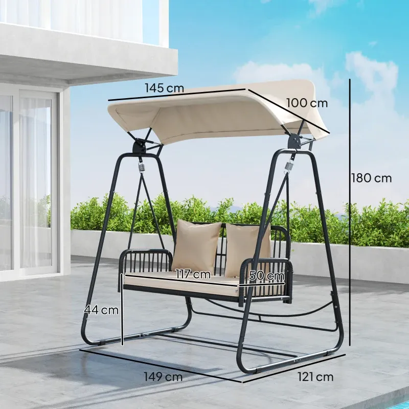 Hollywoodschaukel Rattan 2-Sitzer, Sonnendach, Kissen, 149 x 121 x 180 cm, Khaki