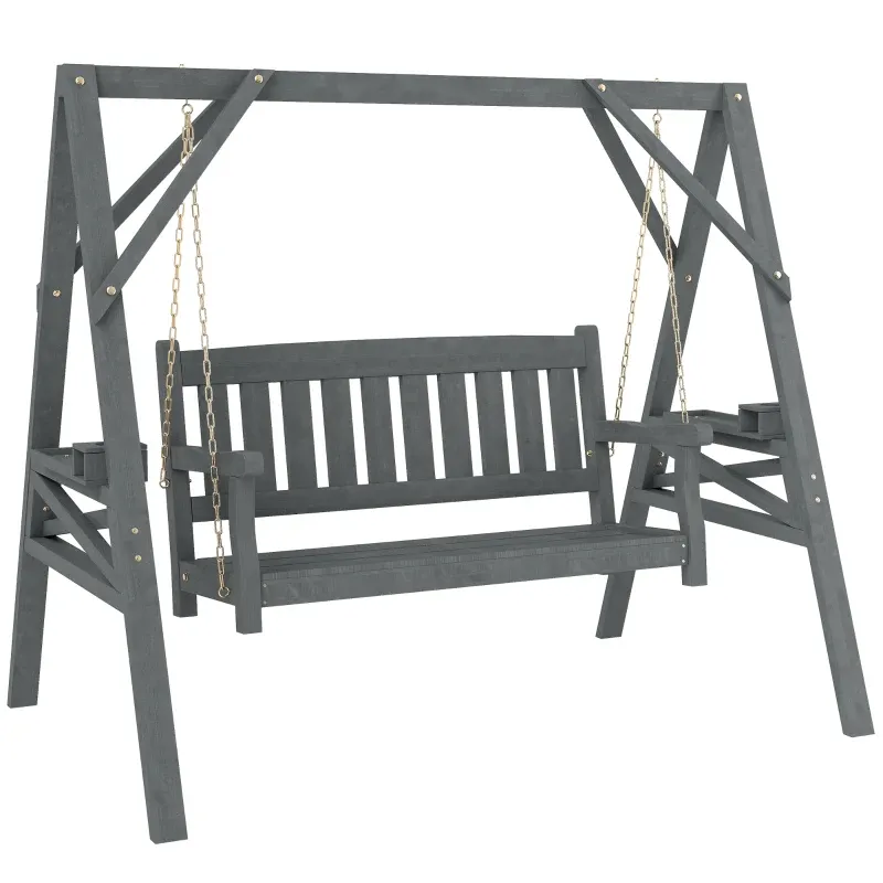 2-Sitzer Gartenschaukel, Holzschaukelbank, Ablagen, Getränkehalter, Metallketten, Grau