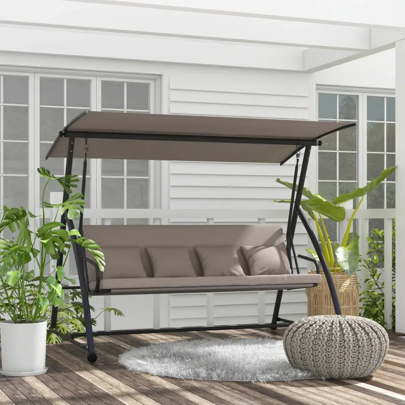 2-in-1 Hollywoodschaukel, Liegefunktion, 3-Sitzer, 170x110x153cm, Hellbraun