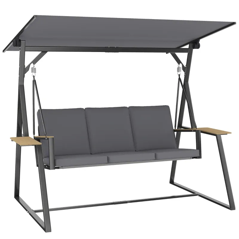 3-Sitzer Hollywoodschaukel, verstellbares Dach, Kissen, Getränkeablagen, 360 kg, Grau