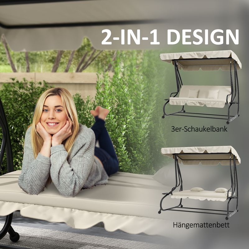 2-in-1 Hollywoodschaukel, Liegefunktion, verstellbares Dach, Cremeweiss