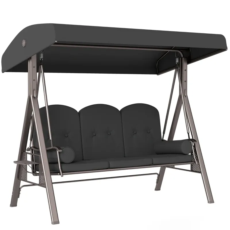 Hollywoodschaukel 3-Sitzer, Sonnendach, Tablett, Sitzauflage, 121 x 208 x 172 cm, Dunkelgrau
