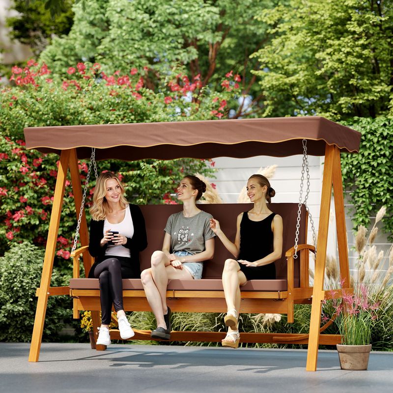 Hollywoodschaukel mit Sonnendach, Echtholz, Liege-Funktion, 3 Personen, Braun