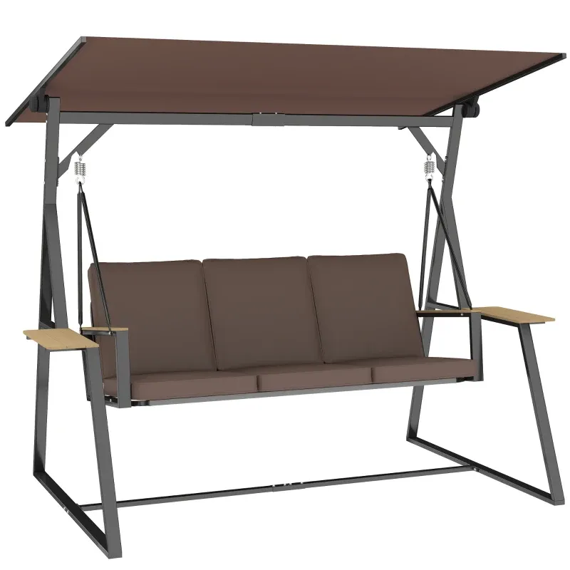 3-Sitzer Hollywoodschaukel, verstellbares Dach, 2 Ablagen, Kissen, 360 kg, Braun **