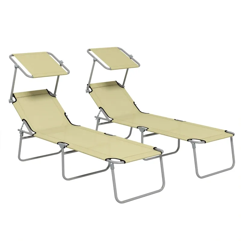 Set mit 2 faltbaren Sonnenliegen für Garten mit Sonnendach, verstellbarer Rückenlehne, 187x58x36 cm, Beige