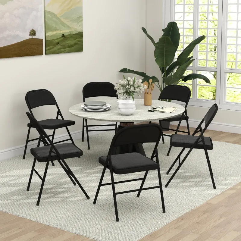 6er-Set Klappstühle, Tragbare Bürostühle, Metallbeine, Leinenoptik, Schwarz