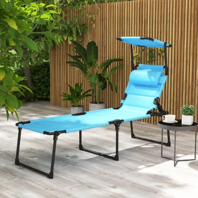 Gartenliege mit verstellbarem Sonnendach Rückenlehne 4-fach verstellbar Kopfstütze für Terrasse Hellblau