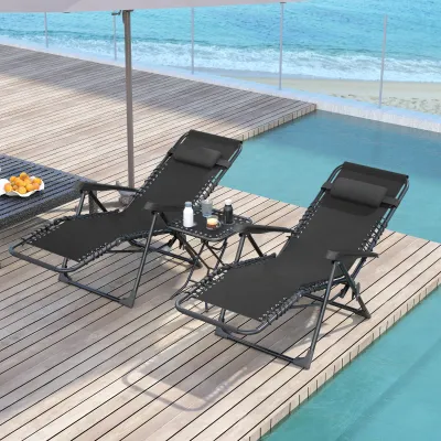 Gartenliege Set 3-TLG. Sonnenliege mit Teetisch 2 Liegestühle Kissen, Outdoor Liege Schwarz