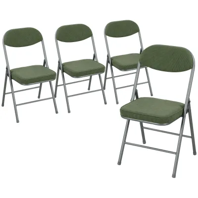 4er-Set gepolsterte Klappstühle, Faltbare Stühle mit Cordbezug, Rückenlehne, Metallrahmen, Grün