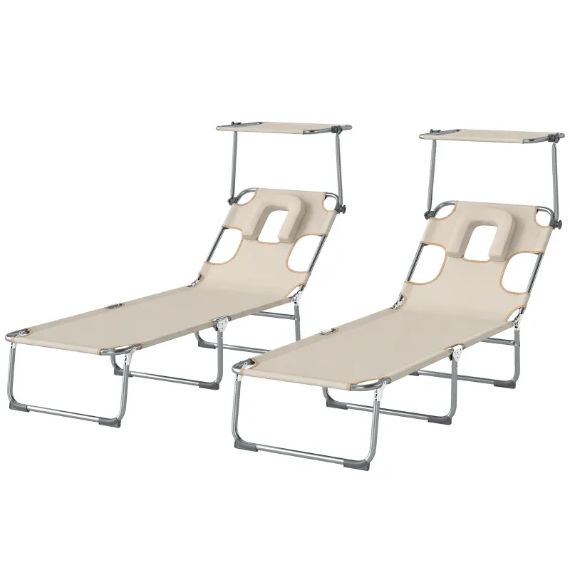 Set mit 2 klappbaren, verstellbaren Liegen mit 360° Sonnendach, Gesichtsöffnung, Seitentasche und Textilene 550 g/m², Beige