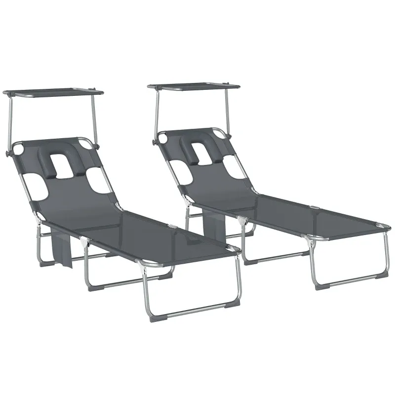 Set mit 2 klappbaren, verstellbaren Liegen mit 360°-Sonnendach, Gesichtsöffnung, Grau