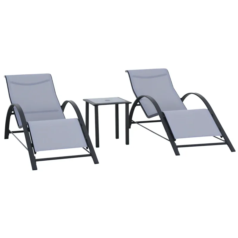 Set mit 2 Sonnenliegen und Beistelltisch mit Glasplatte, 59x169x66 cm, Hellgrau