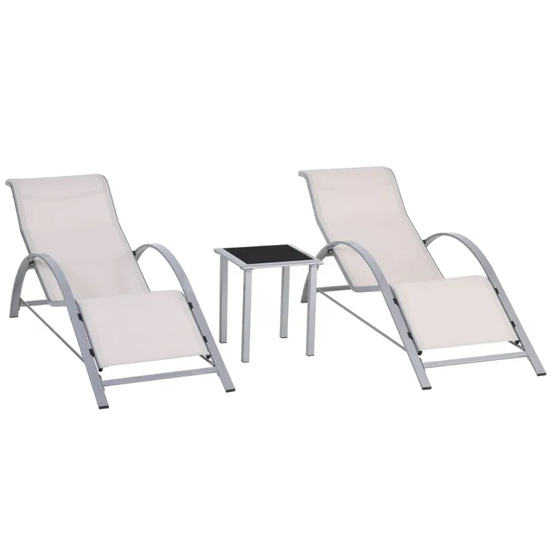 Set mit 2 Sonnenliegen und Beistelltisch mit Glasplatte, 59x169x66 cm, Creme