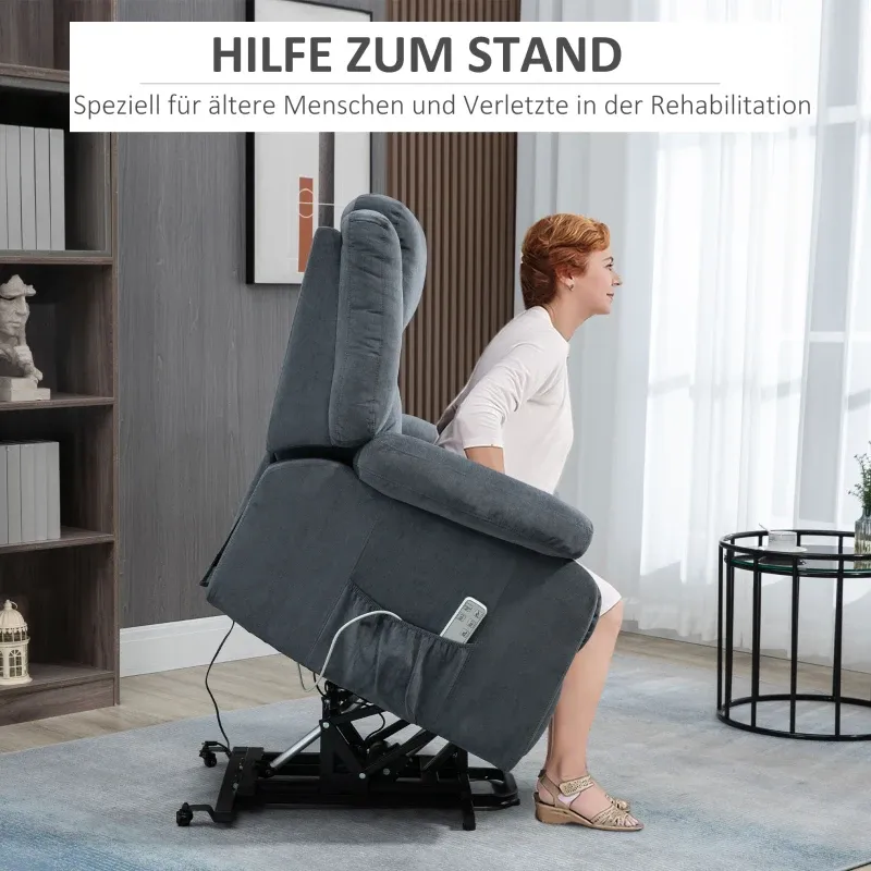 Aufstehsessel, Seniorensessel, mit Liegefunktion, Fernbedienung, Samtoptik, grau,