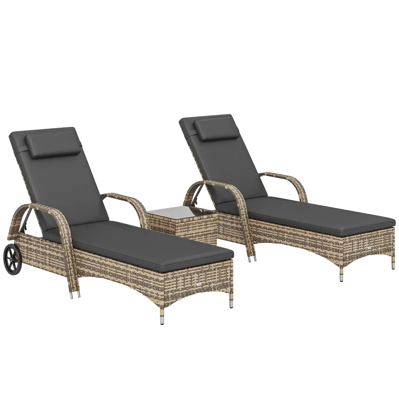 3 tlg. Rattan-Set mit 2 Sonnenliegen + Couchtisch mit gehärteter Glasplatte, dunkelgrau