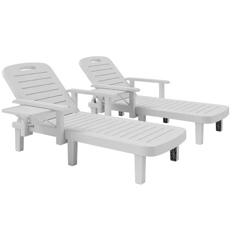 2er Set verstellbare Gartenliegen mit Beistelltisch und Armlehnen, Polypropylen, 79x158x88 cm, Weiss
