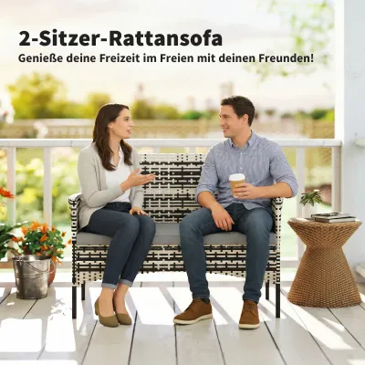 2-Sitzer Rattan Gartensofa PE-Rattan Gartenbank mit Polster, Hellgrau
