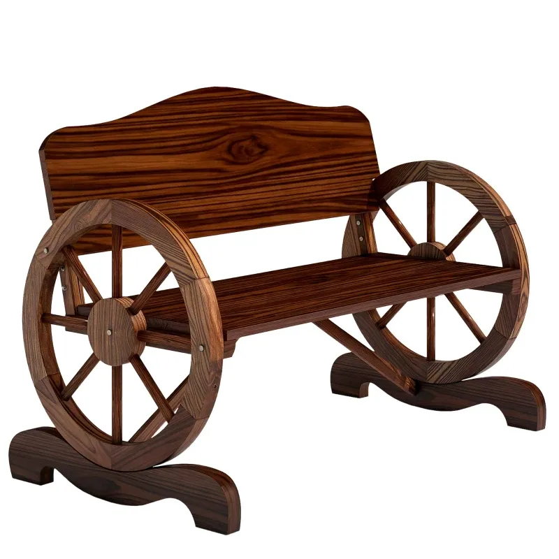 2-Sitzer Gartenbank mit Wagenrad-Armlehnen, Rustikale Outdoor-Bank für Terrasse, Veranda, Fichtenholz, Braun