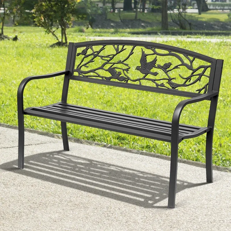 Gartenbank 3 Plätze mit Vogelmotiven, schwarz