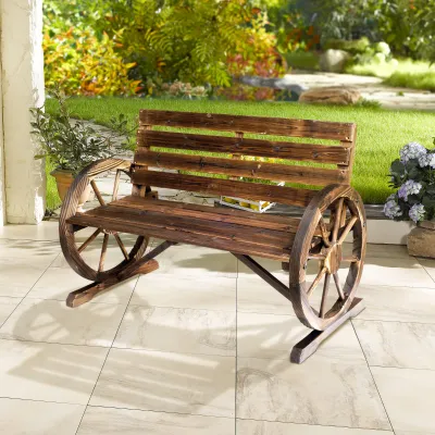 Gartenbank, Wagenrad-Design, für 2 Personen, Naturholz, braun, 105,5 x 56 x 79cm
