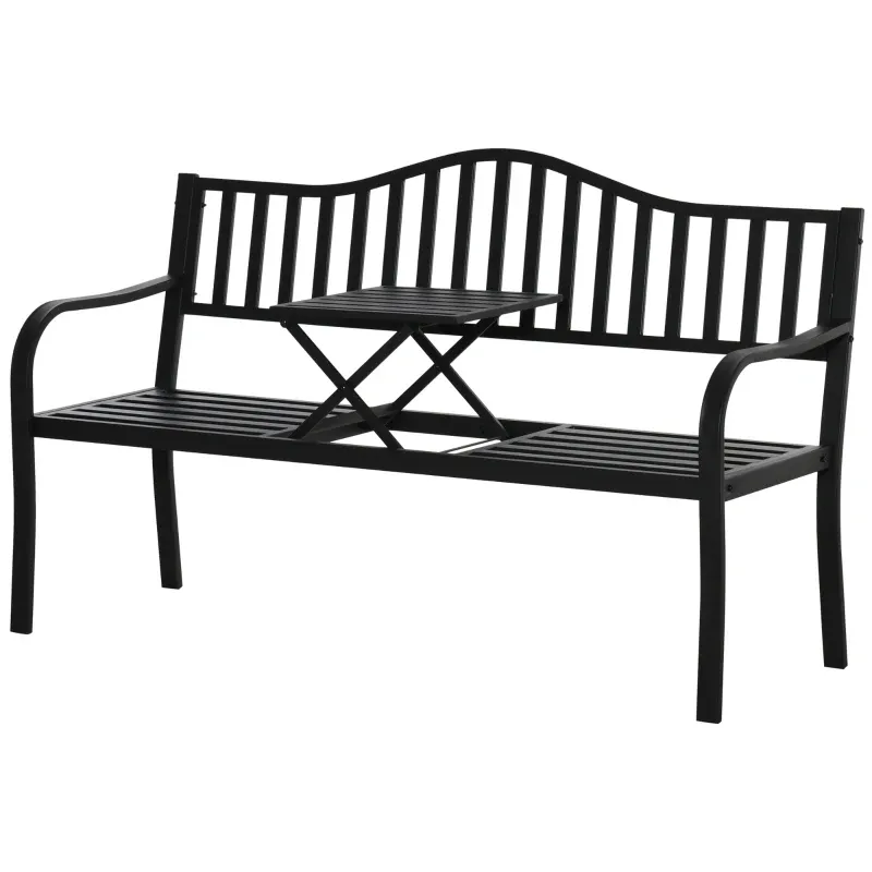 2-Sitzer Gartenbank mit ausziehbarem Tisch, Metall, Schwarz, 150 x 58,5 x 90 cm
