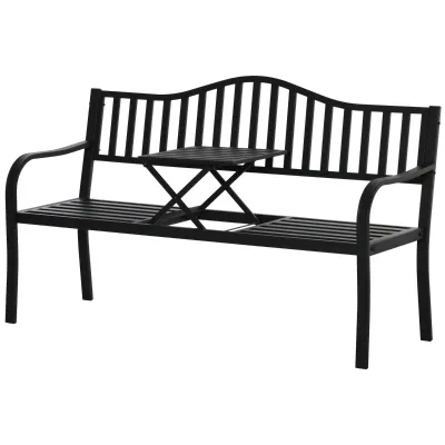 2-Sitzer Gartenbank mit ausziehbarem Tisch, Metall, Schwarz, 150 x 58,5 x 90 cm