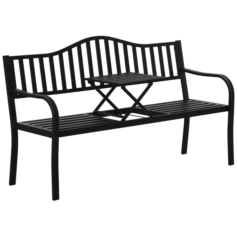 2-Sitzer Gartenbank mit ausziehbarem Tisch, Metall, Schwarz, 150 x 58,5 x 90 cm